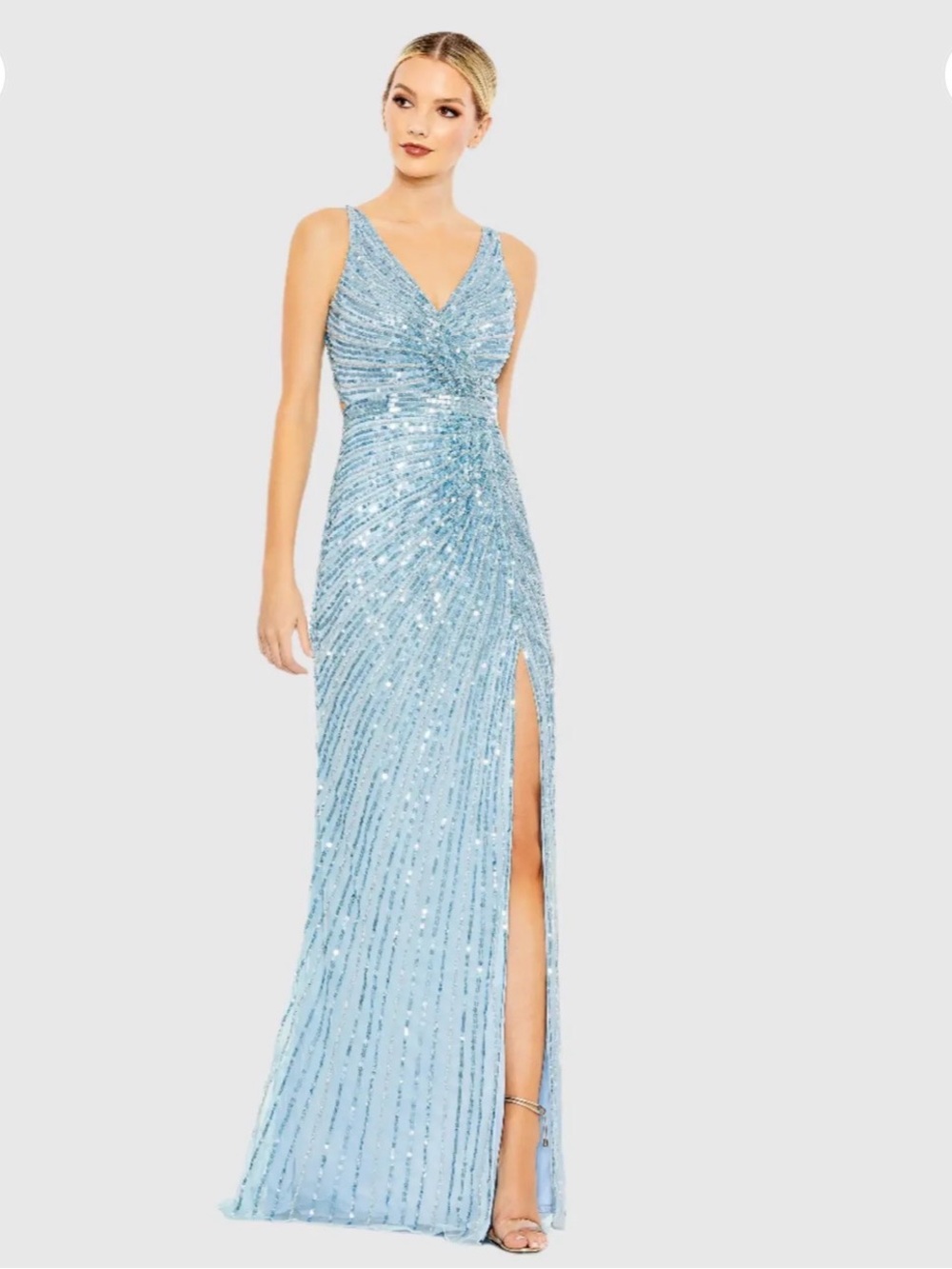 Mac Duggal Blue Sequined Faux Wrap Sleeveless Gown NWT 12